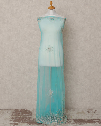 Aqua Blue Starburst Beaded and Border Embroidered Nylon Tulle Fabric, 140 cm Width, Made in India – 3 Meter-D23532