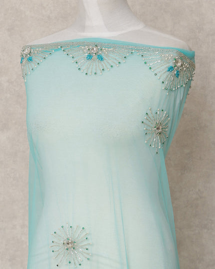 Aqua Blue Starburst Beaded and Border Embroidered Nylon Tulle Fabric, 140 cm Width, Made in India – 3 Meter-D23532