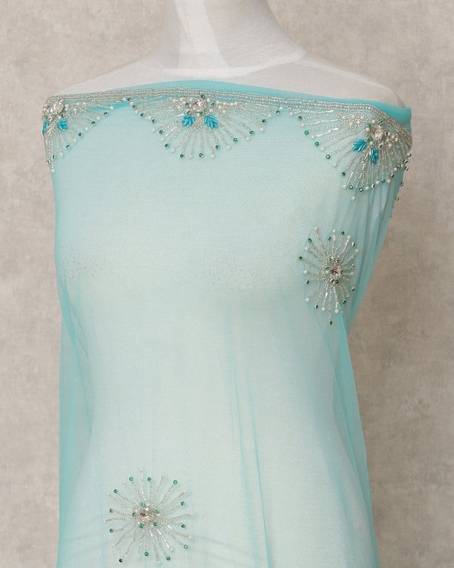Aqua Blue Starburst Beaded and Border Embroidered Nylon Tulle Fabric, 140 cm Width, Made in India – 3 Meter-D23532