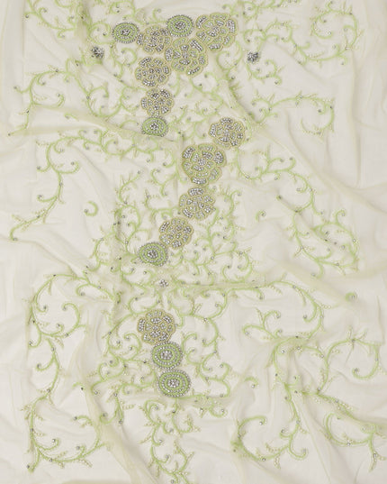 Ivory and Pistachio Floral Sequin and Thread Embroidered Nylon Tulle Fabric, 140 cm Width, Made in India – 3 Meter-D23533