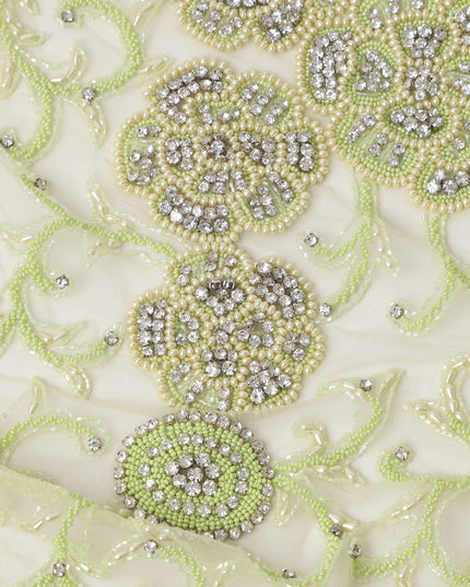 Ivory and Pistachio Floral Sequin and Thread Embroidered Nylon Tulle Fabric, 140 cm Width, Made in India – 3 Meter-D23533