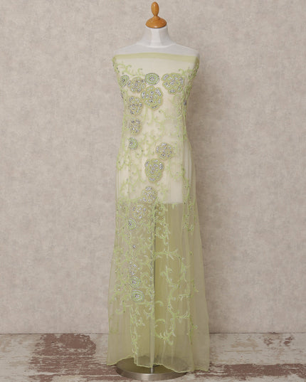 Ivory and Pistachio Floral Sequin and Thread Embroidered Nylon Tulle Fabric, 140 cm Width, Made in India – 3 Meter-D23533