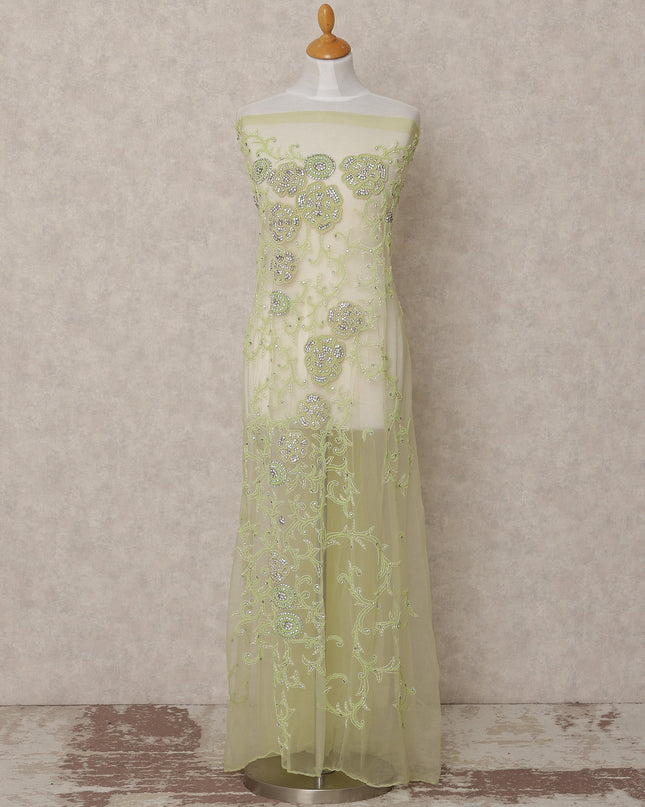 Ivory and Pistachio Floral Sequin and Thread Embroidered Nylon Tulle Fabric, 140 cm Width, Made in India – 3 Meter-D23533