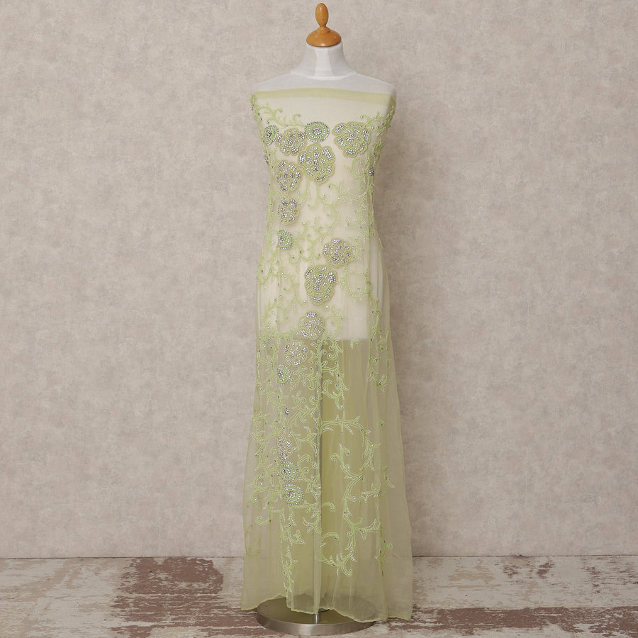 Ivory and Pistachio Floral Sequin and Thread Embroidered Nylon Tulle Fabric, 140 cm Width, Made in India – 3 Meter-D23533