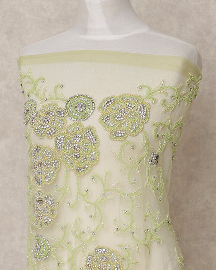 Ivory and Pistachio Floral Sequin and Thread Embroidered Nylon Tulle Fabric, 140 cm Width, Made in India – 3 Meter-D23533
