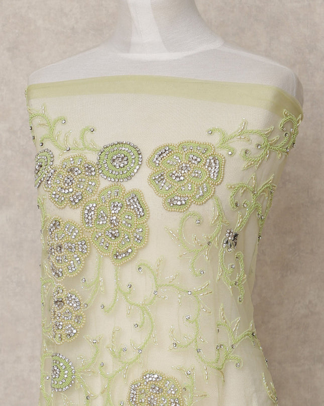 Ivory and Pistachio Floral Sequin and Thread Embroidered Nylon Tulle Fabric, 140 cm Width, Made in India – 3 Meter-D23533