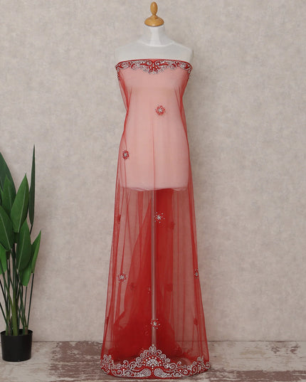 Scarlet Red Embroidered Tulle Fabric Piece 3m
