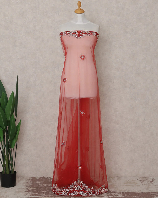 Scarlet Red Embroidered Tulle Fabric Piece 3m