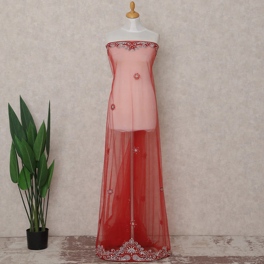 Scarlet Red Embroidered Tulle Fabric Piece 3m