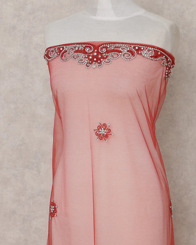 Scarlet Red Embroidered Tulle Fabric Piece 3m