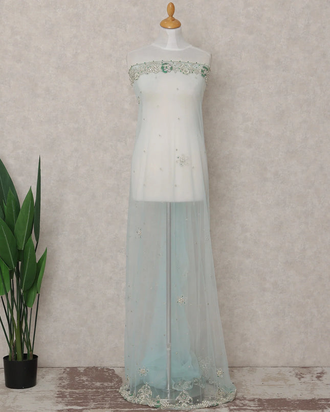 Pale Ice Blue Embroidered Tulle Fabric Piece 3m