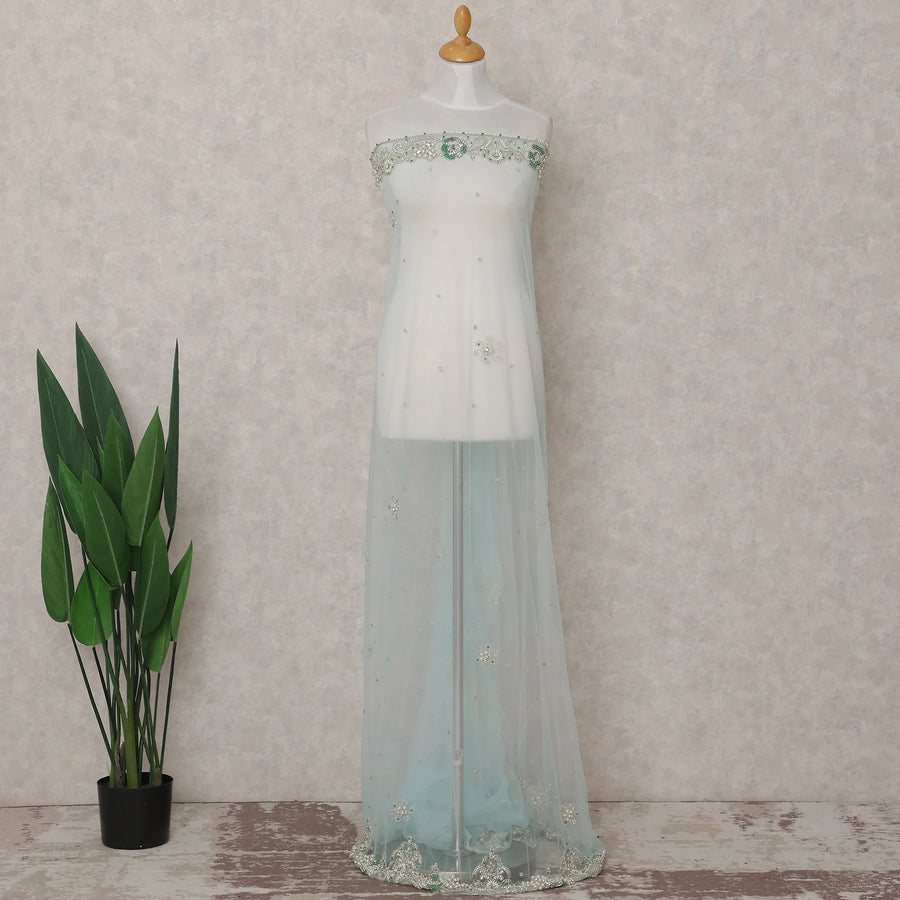 Pale Ice Blue Embroidered Tulle Fabric Piece 3m