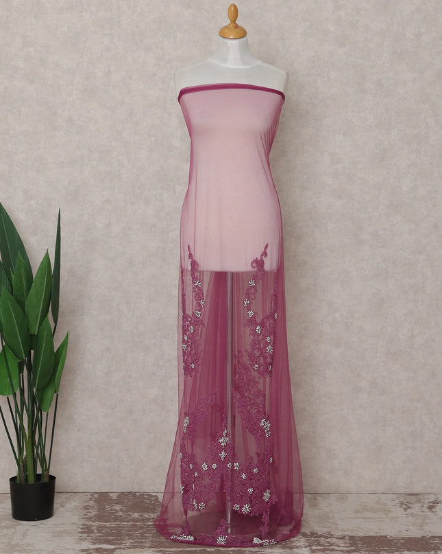 Raspberry Magenta Embroidered Tulle Fabric Piece 3m