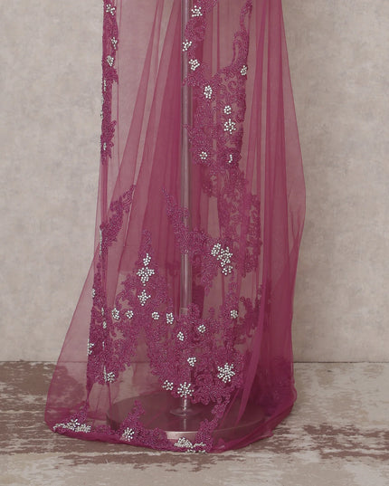 Raspberry Magenta Embroidered Tulle Fabric Piece 3m