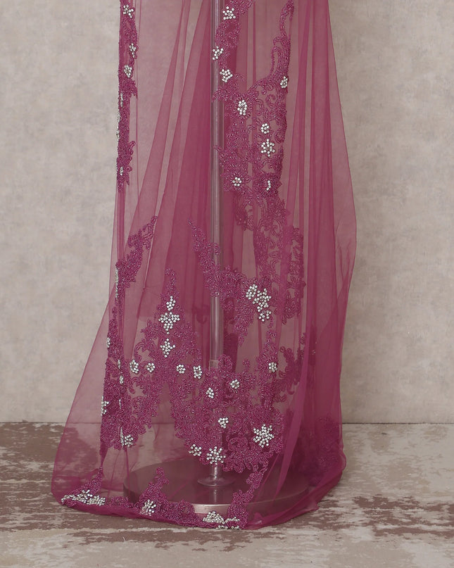 Raspberry Magenta Embroidered Tulle Fabric Piece 3m