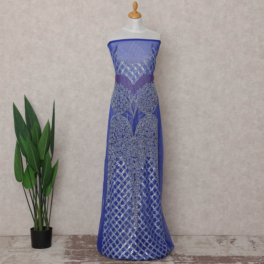 Royal Blue Embroidered Tulle Fabric Piece 3m