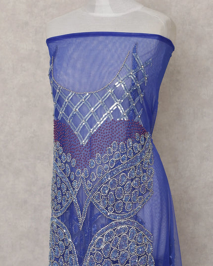 Royal Blue Embroidered Tulle Fabric Piece 3m