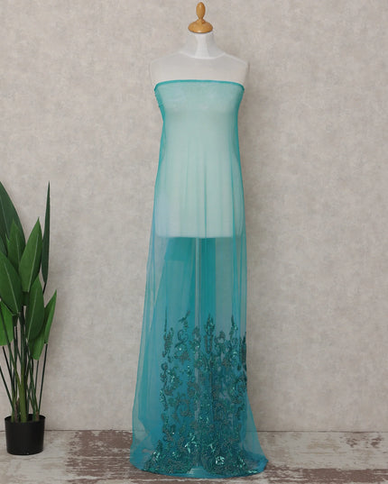 Deep Teal Blue Embroidered Tulle Fabric Piece 3m