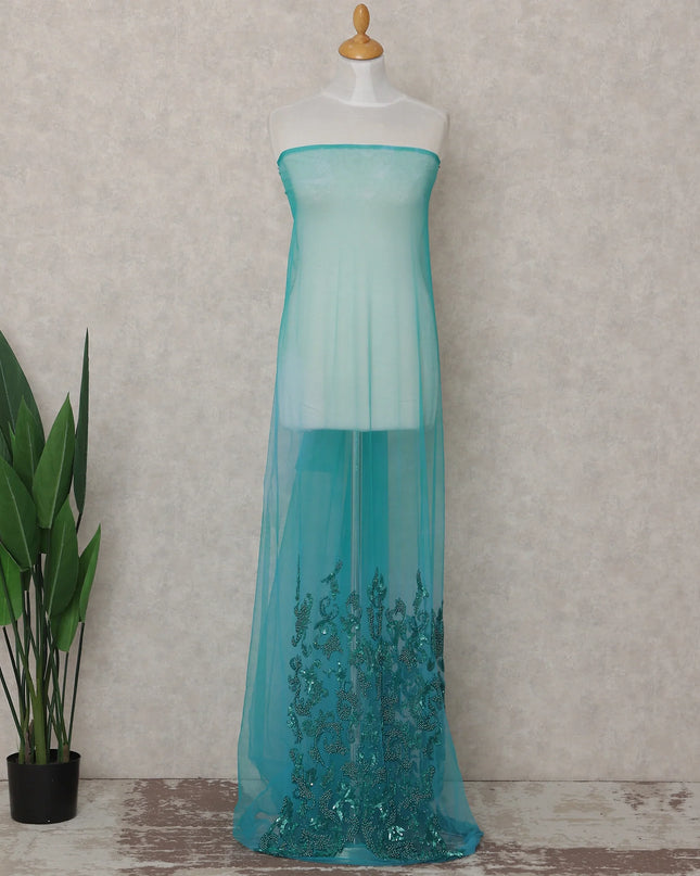 Deep Teal Blue Embroidered Tulle Fabric Piece 3m