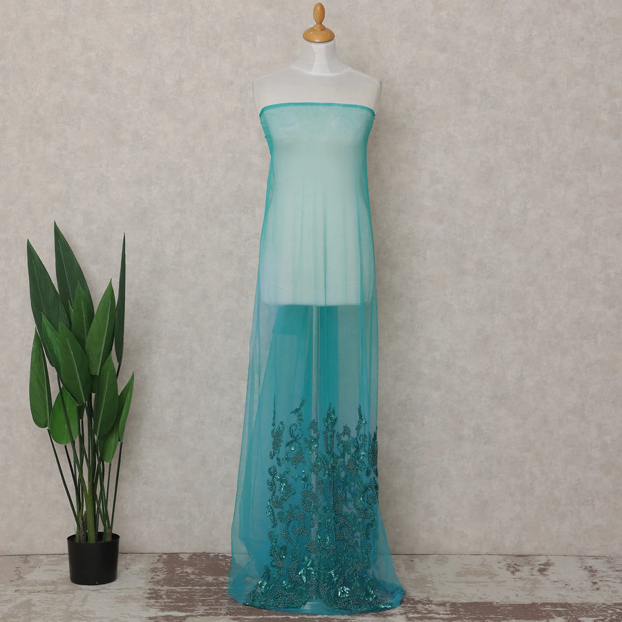 Deep Teal Blue Embroidered Tulle Fabric Piece 3m