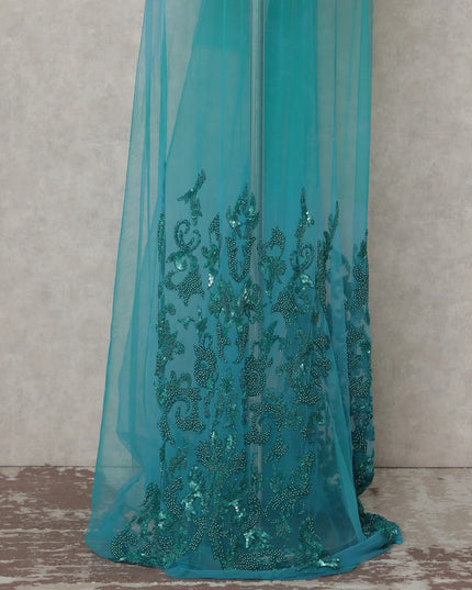 Deep Teal Blue Embroidered Tulle Fabric Piece 3m