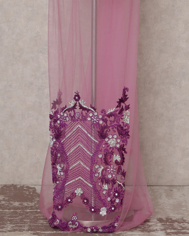 Orchid Pink Embroidered Tulle Fabric Piece 3m