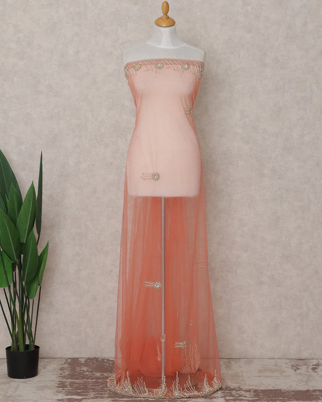Coral Salmon Embroidered Tulle Fabric Piece 3m