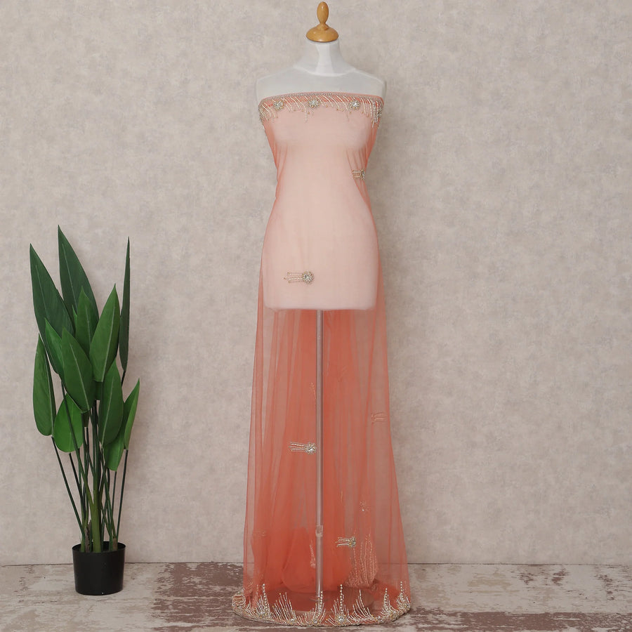 Coral Salmon Embroidered Tulle Fabric Piece 3m
