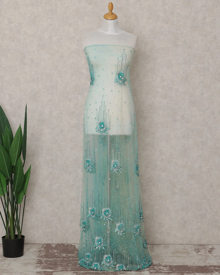 Seafoam Aqua Green Embroidered Tulle Fabric Piece 3m