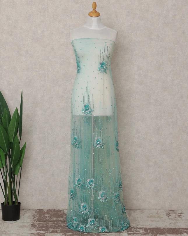 Seafoam Aqua Green Embroidered Tulle Fabric Piece 3m