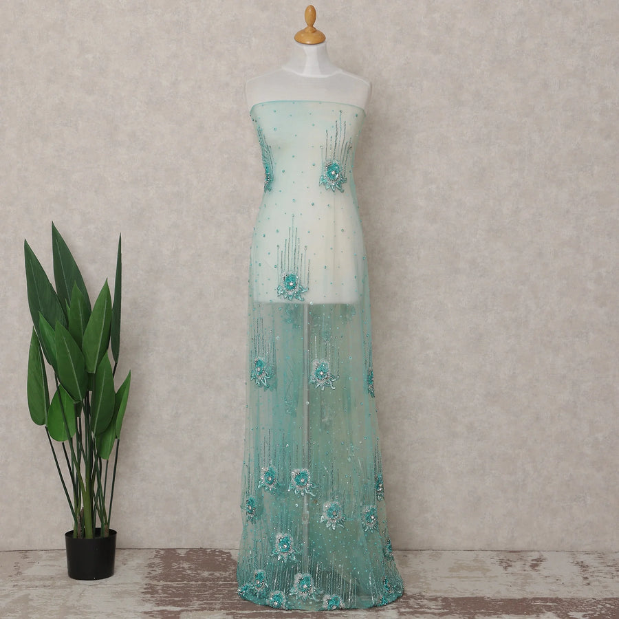 Seafoam Aqua Green Embroidered Tulle Fabric Piece 3m