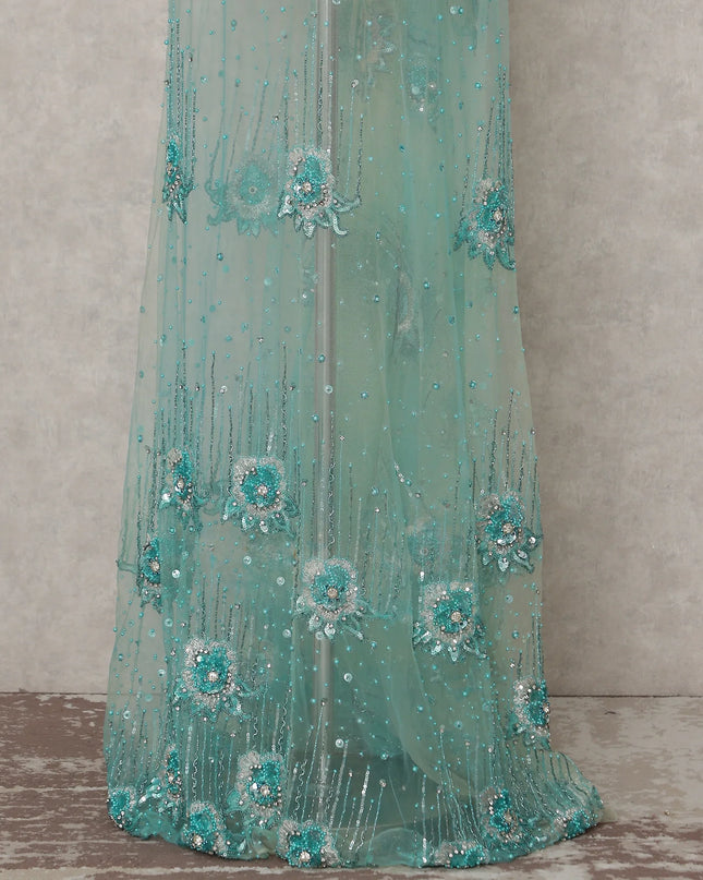 Seafoam Aqua Green Embroidered Tulle Fabric Piece 3m