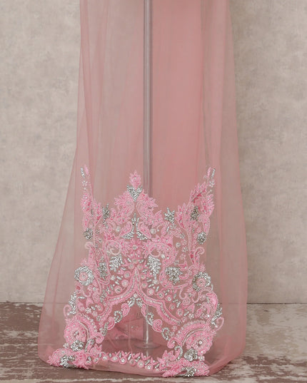 Blush Rose Pink Embroidered Tulle Fabric Piece 3m