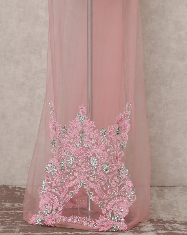 Blush Rose Pink Embroidered Tulle Fabric Piece 3m
