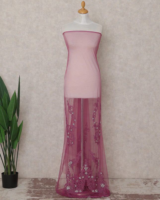 Deep Mulberry Pink Embroidered Tulle Fabric Piece 3m