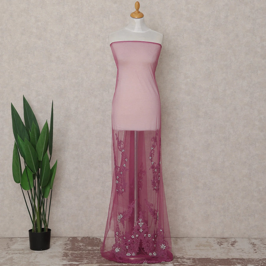 Deep Mulberry Pink Embroidered Tulle Fabric Piece 3m