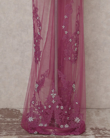 Deep Mulberry Pink Embroidered Tulle Fabric Piece 3m