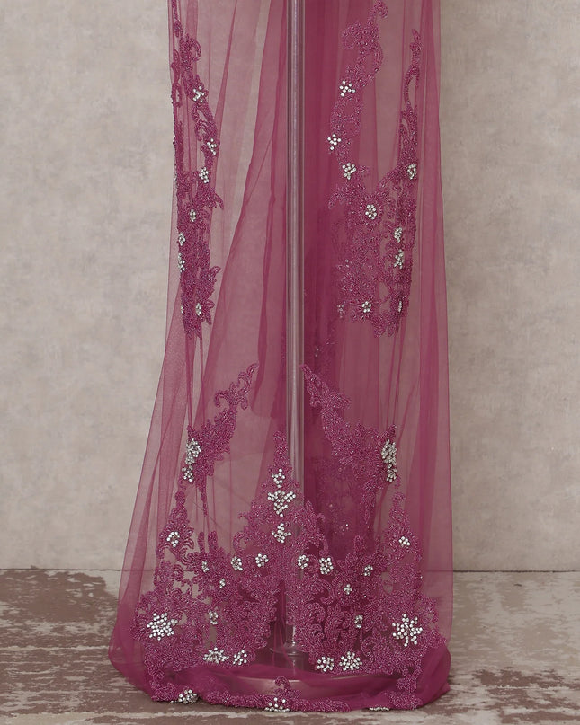 Deep Mulberry Pink Embroidered Tulle Fabric Piece 3m