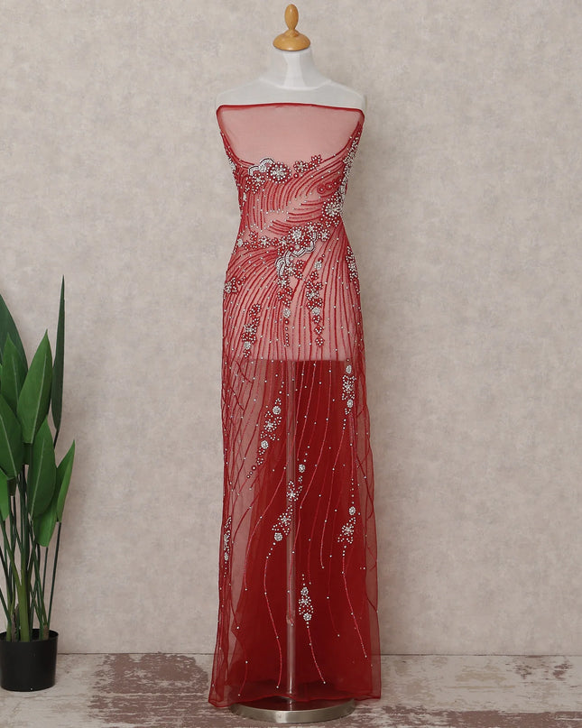 Crimson Red Embroidered Tulle Fabric Piece 3m