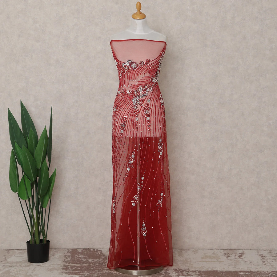 Crimson Red Embroidered Tulle Fabric Piece 3m