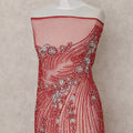 Crimson Red Embroidered Tulle Fabric Piece 3m
