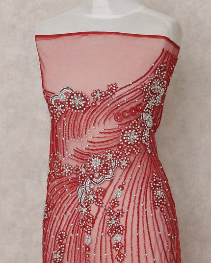 Crimson Red Embroidered Tulle Fabric Piece 3m