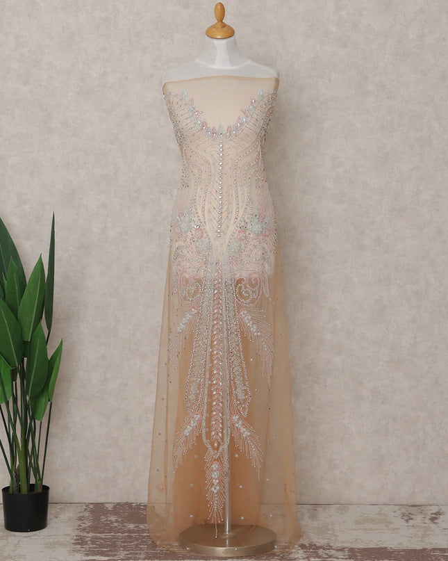 Champagne Nude Beige Embroidered Tulle Fabric Piece 3m