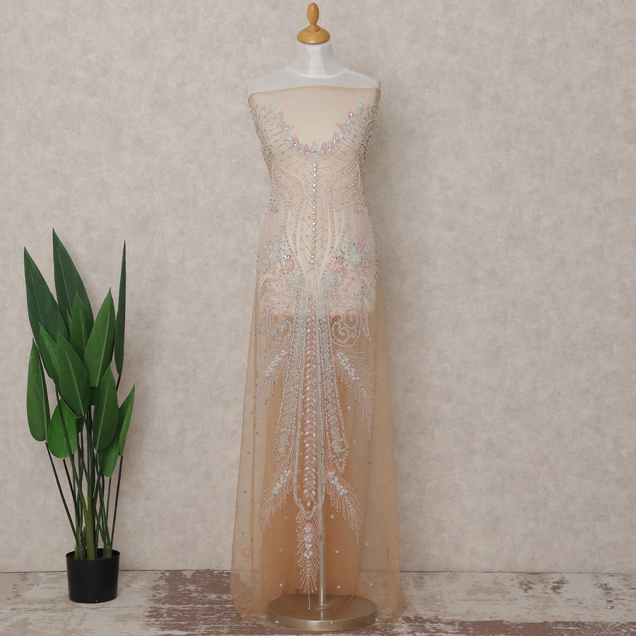 Champagne Nude Beige Embroidered Tulle Fabric Piece 3m