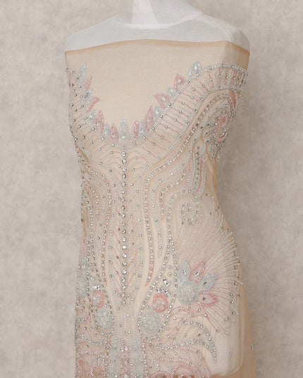 Champagne Nude Beige Embroidered Tulle Fabric Piece 3m