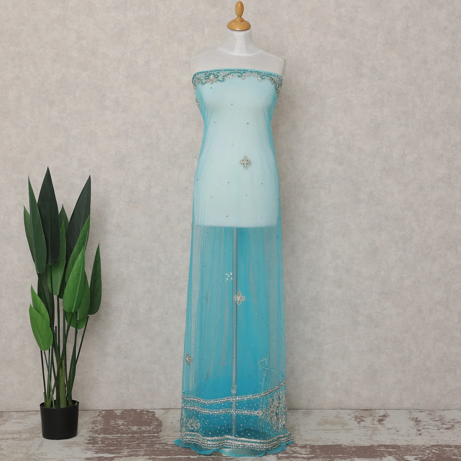 Sky Blue Embroidered Tulle Fabric 3m Piece