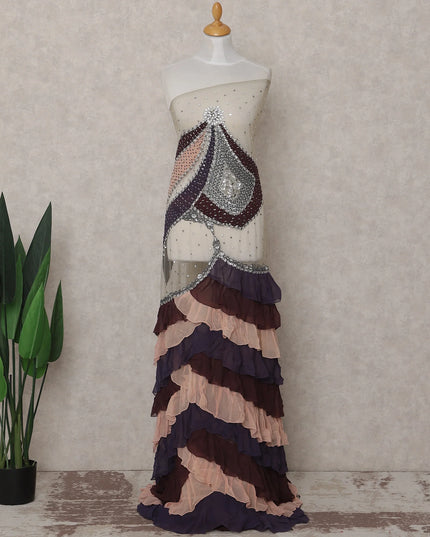 Plum Wine and Peach Multicolor Embroidered Tulle 3m Piece