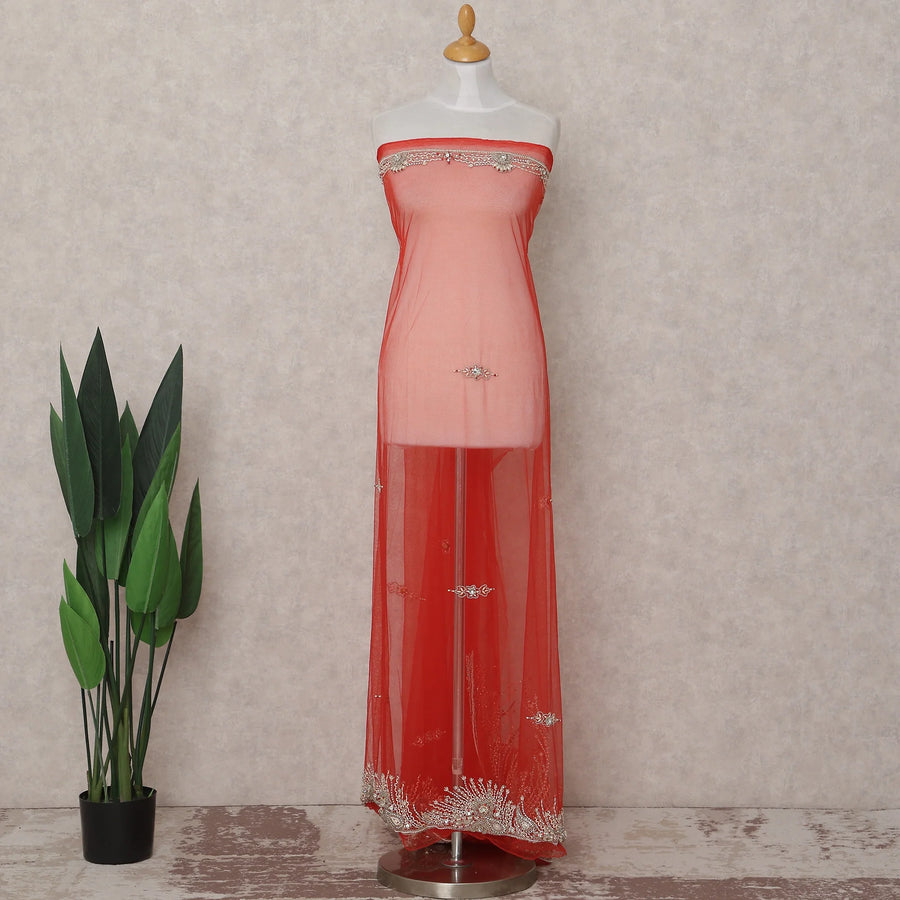 Coral Red Embroidered Tulle Fabric 3m Piece
