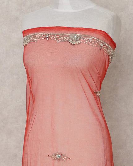 Coral Red Embroidered Tulle Fabric 3m Piece