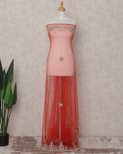 Vermilion Red Embroidered Tulle Fabric 3m Piece